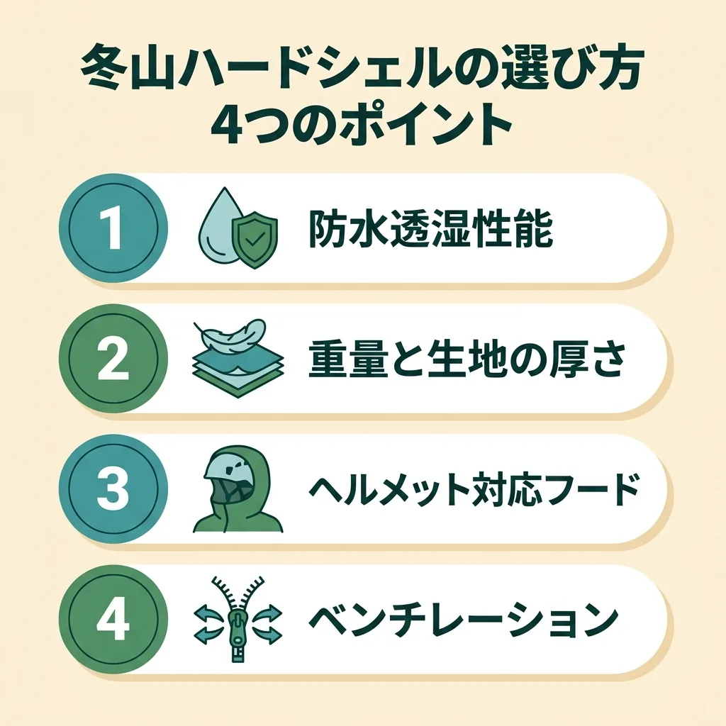 冬山ハードシェルの選び方4つのポイント：防水透湿性能・重量と生地の厚さ・ヘルメット対応フード・ベンチレーション