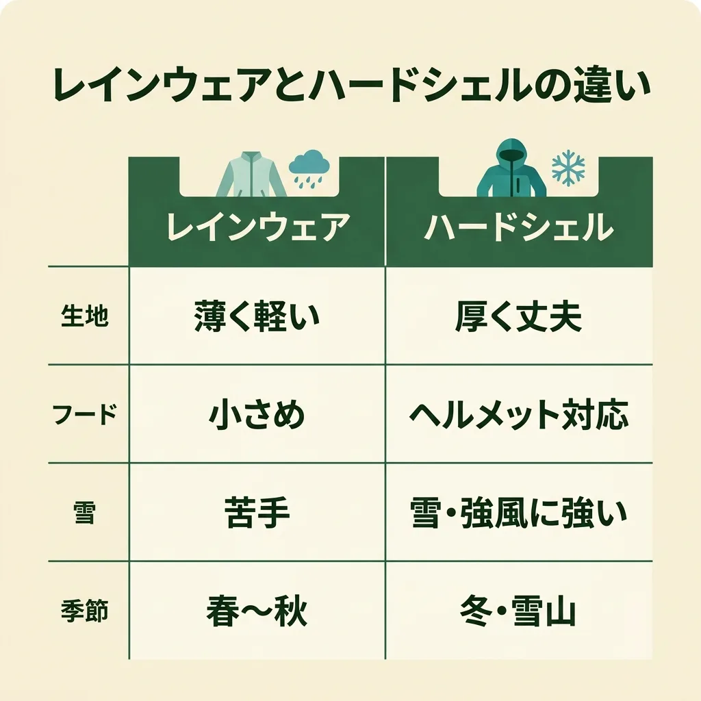 レインウェアとハードシェルの違い：生地の厚さ・フード・雪への対応・使用シーズンを比較