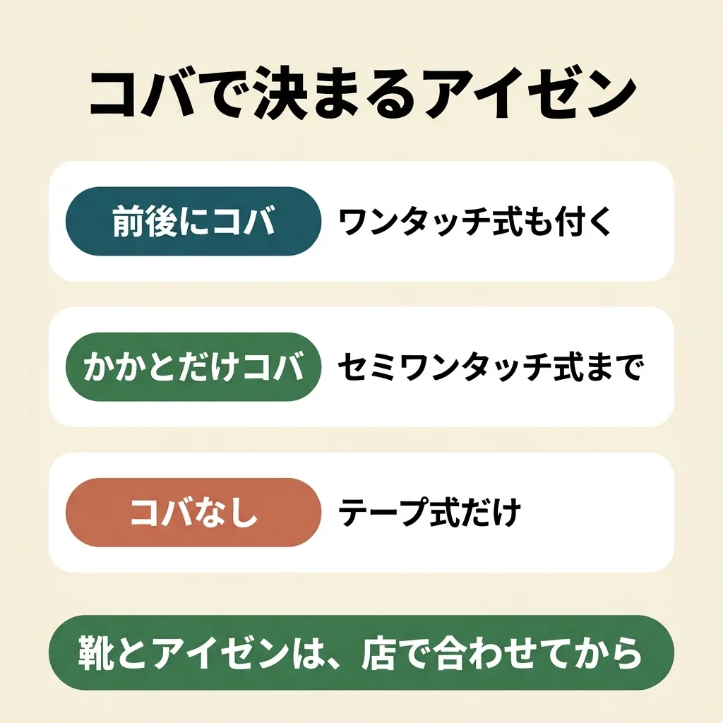 冬靴のコバとアイゼンの組み合わせ。前後にコバがある靴はワンタッチ式・セミワンタッチ式・テープ式が付く。かかとだけにコバがある靴はセミワンタッチ式とテープ式。コバが無い靴はテープ式だけ