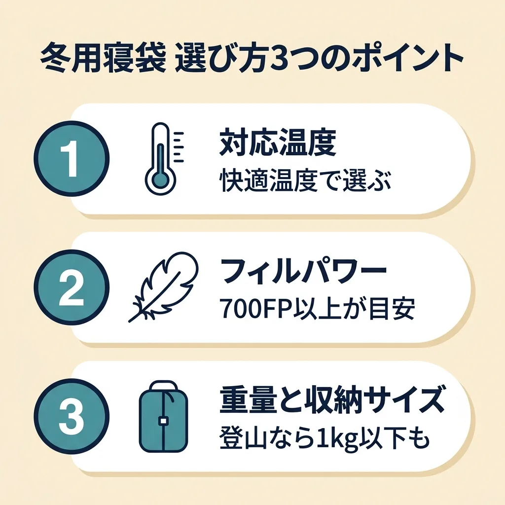 冬用寝袋の選び方3ポイント:対応温度・フィルパワー・重量とコンパクト性