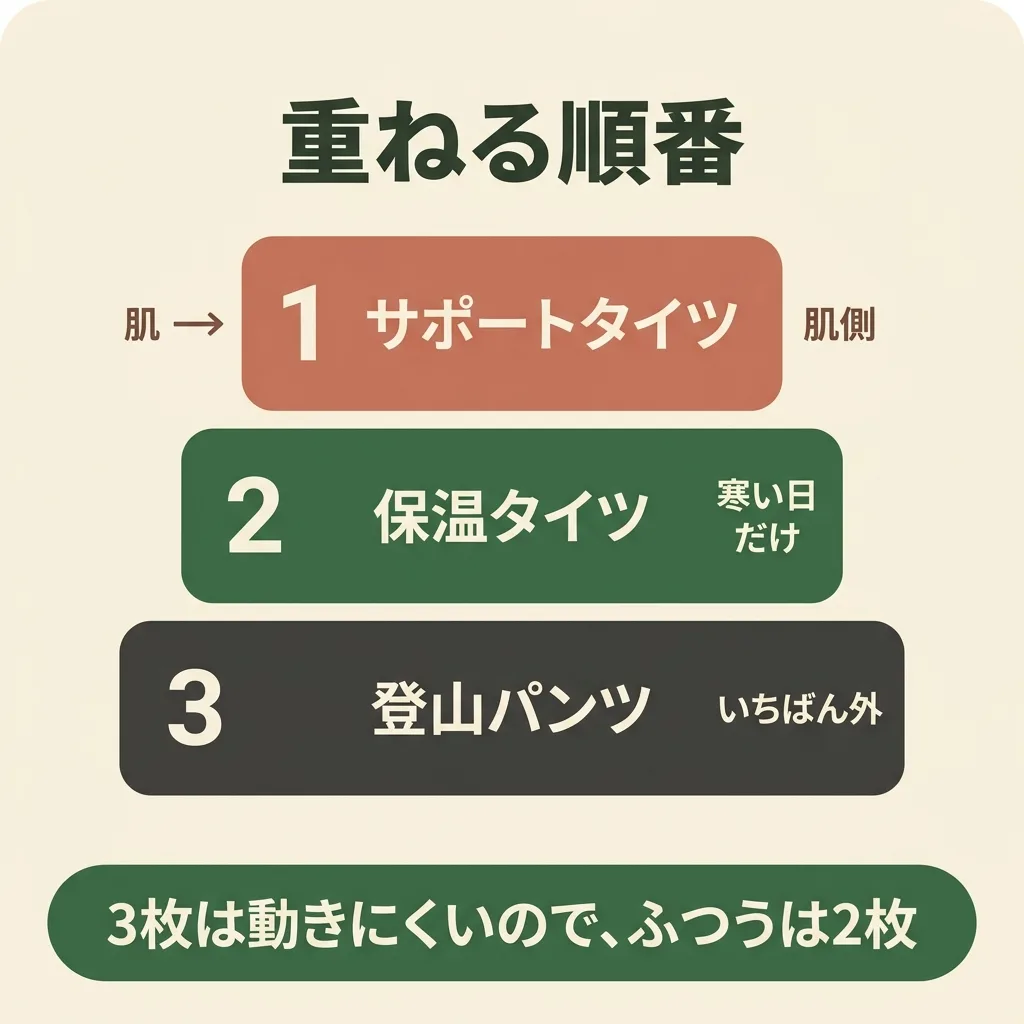 冬の下半身の重ね方。肌側からサポートタイツ、保温タイツ、登山パンツの順