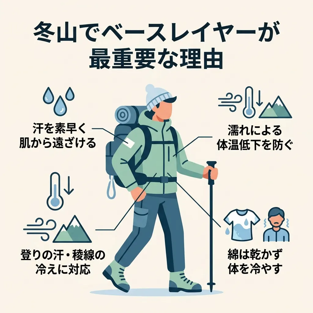 冬山でベースレイヤーが命を守る理由を整理。汗冷え防止と保温の役割を図解。