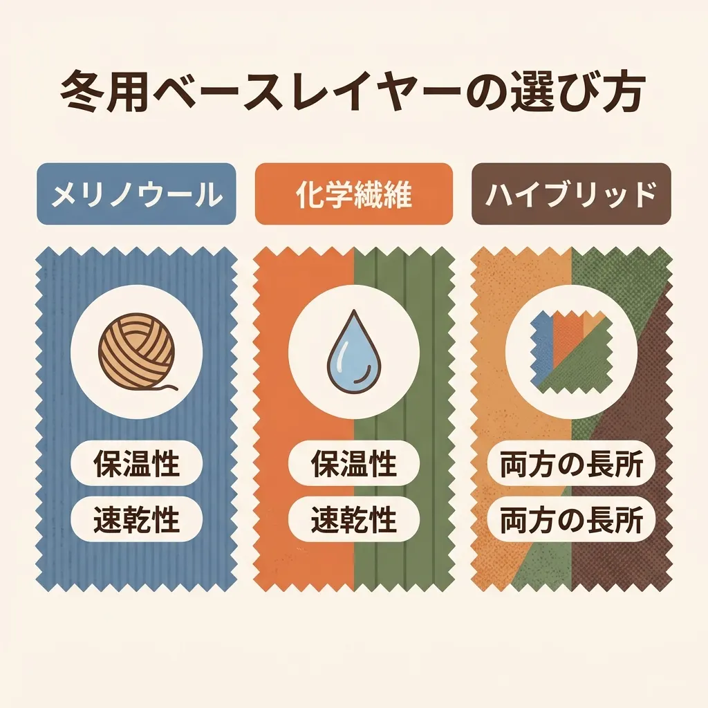 ウール・化繊・ハイブリッドの3素材を比較。保温性と速乾性の違いを整理。
