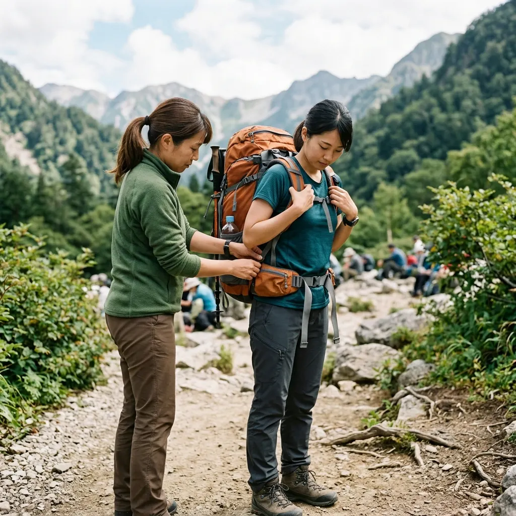 女性の登山ザックフィッティング風景
