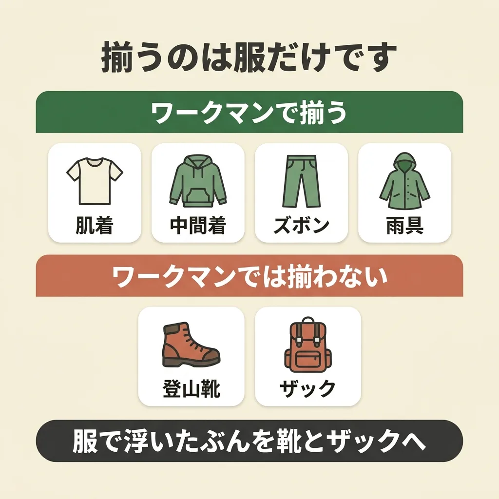ワークマンで揃うのは服だけ。肌着・中間着・ズボン・雨具は揃うが、登山靴とザックは揃わない